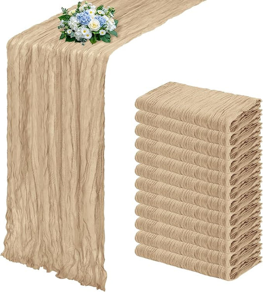12 Pack Beige Cheesecloth Table Runner 17x108 Inch Semi Sheer Boho Gauze Cheese Cloth Fabric Table Runners, for Wedding Party Baby Shower Birthday Home Decor Garden Farmhouse