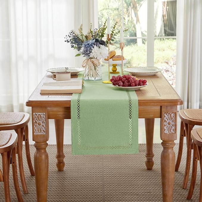 Burlap Style Farmhouse Table Runner, 13 x 108 Inch Avocado Green, Rustic Geometric Hollow Table Runners 108 Inches Long for Dresser Table Everyday Use, 13x108 Inches, Avocado Green