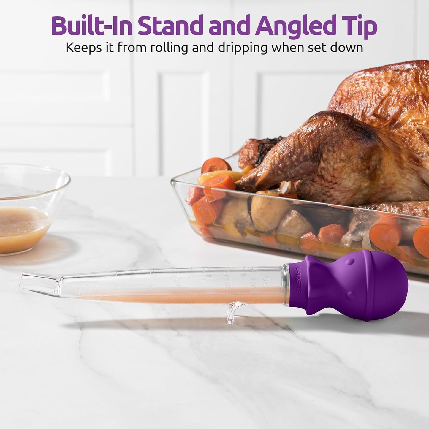 U-Taste 1.5oz Angled Turkey Baster - 228.2ºF Heat Resistant Food Grade Tritan and Silicone Large Octopus Bulb Baster Set with Cleaning Brush for Cooking Basting Meat Poultry Beef Chicken (Purple)