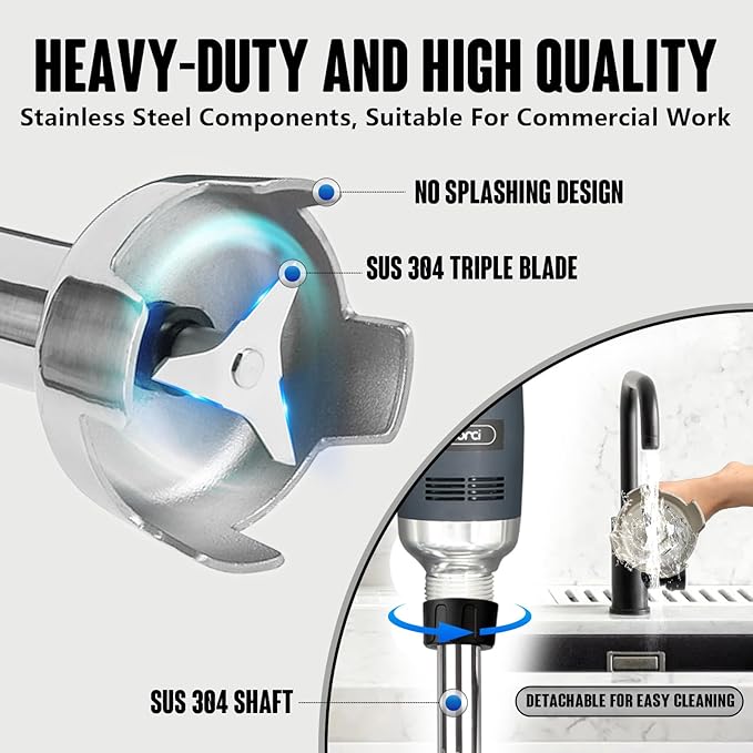 VONCI 350W Commercial Immersion Blender, Light Duty Hand Blender, Variable Speed 6000-20000RPM, 12" Detachable Shaft.