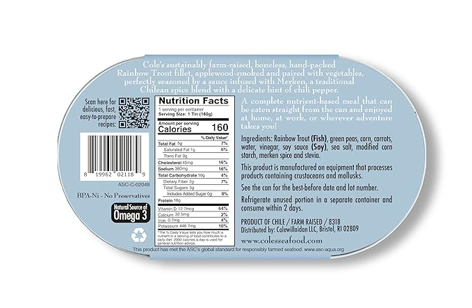 COLE’S - Smoked Rainbow Trout Fillet with Vegetables | Ready to Eat Meal | 5.6 oz Hand-Packed Canned Fish | 18g Protein | High in Vitamin D | 6 pack