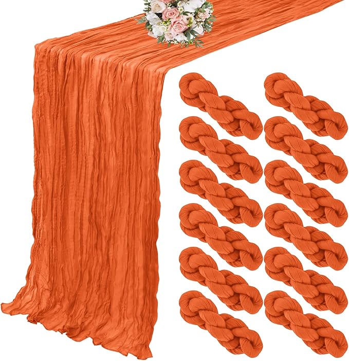 12 Pack Cheesecloth Table Runner 20 x 120 inch Cheese Cloth Table Runner Bulk,Romantic Boho Sheer Gauze Fabric Table Runners for Wedding Reception,Party,Bridal Shower Table Decor(Orange)