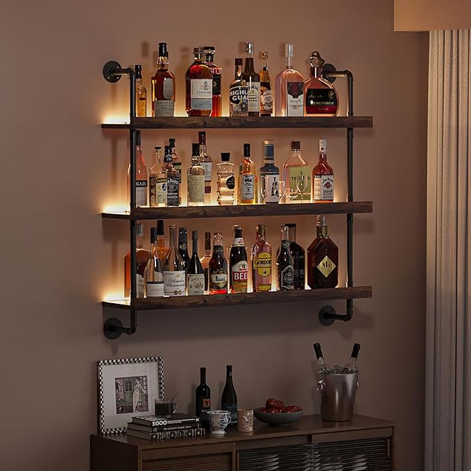 3-Tier Wall Mounted Wine Rack with LED,Liquor Bottles Floating Shelves Display Storage Organizer for Home Bar Dining Room Kitchen (23.6" W x 47.2" H x 8.6" D)