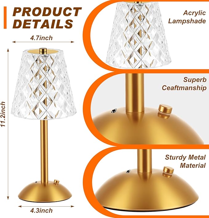 Liliful 4 Pcs Cordless Table Lamp Rechargeable Touch LED Small Gold Portable Battery Operated USB-c Desk Lamp 3 Color Dimmable for Bedroom Living Room Dining (Gold,Diamond Style)