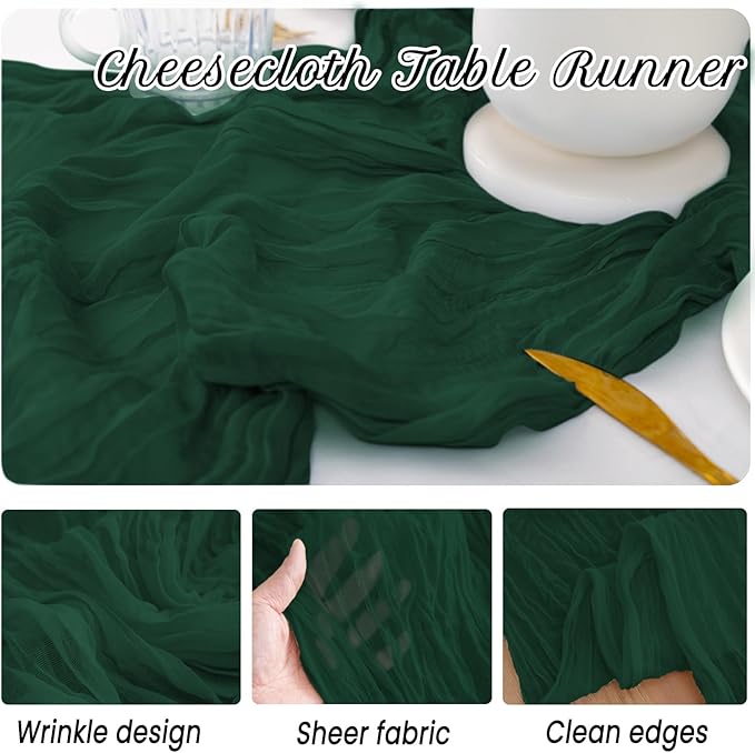 12 Pack Emerald Green Table Runners 10FT Cheesecloth Table Runner 21x120 inch Boho Gauze Cheese Cloth Table Runner Rustic Sheer Table Runners for Party Wedding Bridal Baby Shower Christmas Table Decor