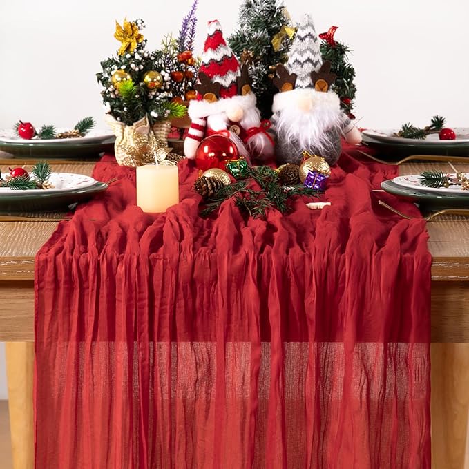 Red Cheesecloth Table Runner Christmas Table Runner Boho Gauze 120 Inches Red Cheese Cloth Table Decor for Xmas Holiday Season Parties Weddings Bridal Baby Shower Candlelight Dinner