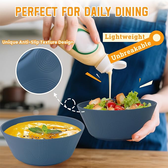 Homienly Wheat Straw Bowls, Unbreakable Soup Bowls Set of 6, Alternatives Plastic Bowls Microwave Safe, Dishwasher Safe Stackable 36oz Large Cereal Bowl for Kitchen, Camping, Serving (Navy Blue)