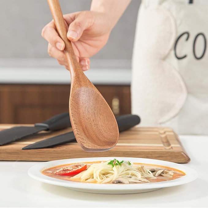 2PCS Acacia Wooden Spoons For Cooking-14 Inch Smooth Finish Cooking Spoons-Comfortable Grip Wood Spoons for Cooking - Non-Stick Cooking Utensils (Corner spoon + Cooking Spatula)
