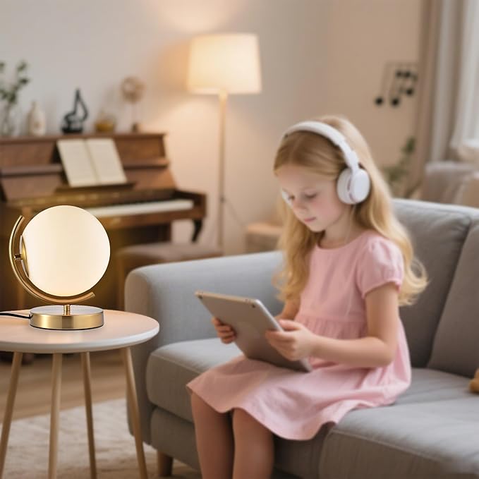 Gold Modern Globe Table Lamp with 7.1'' Glass Goble Shade Mid Century Table Lamps Desk lamp Metal Standing lamp for Bedroom Living Room Office