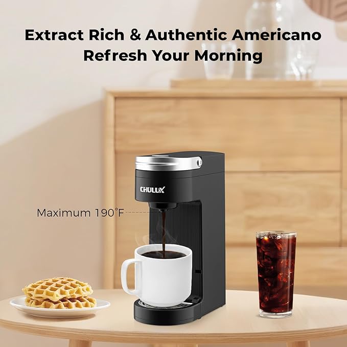 CHULUX Slim Single Serve Coffee Maker for K Pods, One Cup Coffee Maker Fits 7.3" Travel Mugs, Coffee Machine with 6 to 12oz Brew Sizes