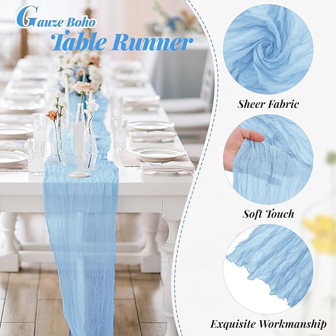 Aktor 6 Pack Baby Blue Cheesecloth Table Runner 10Ft Gauze Table Runner Boho Semi Sheer Cheese Cloth Fabric Runners for Wedding Birthday Baby Shower Party Table Decoration（Baby Blue）