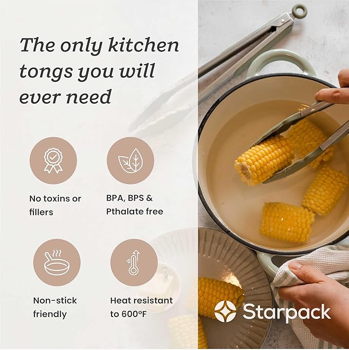 Starpack 'Get a Grip' Silicone Kitchen Tongs for Cooking (2Pcs) - BBQ Tongs for Grill Heat Resistant to 600°F - Stainless Steel Kitchen Utensils w/Non Stick Silicone Tips - 9",12" for Serving Food