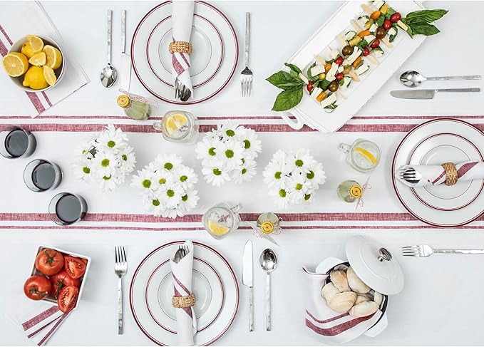 Solino Home Linen Table Runner 108 Inches Long - French Stripe, 100% Pure Linen Burgundy and White Farmhouse Table Runner 16 x 108 Inch Ideal for Dining, Christmas