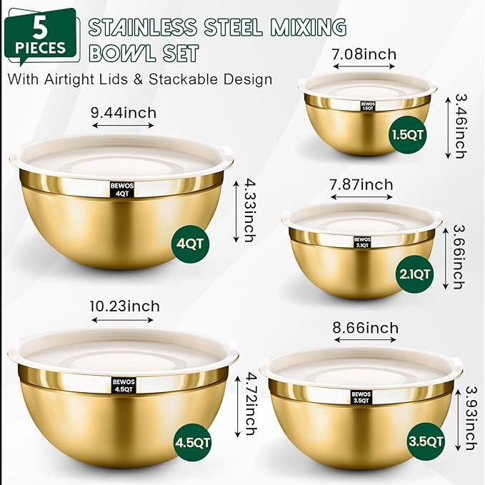 BEWOS 5PCS Mixing Bowls with Lids Set - 5 Stainless Steel Mixing Bowls, Dishwasher Safe, Ideal for Baking & Meal Prep, Stackable Design for Easy Storage