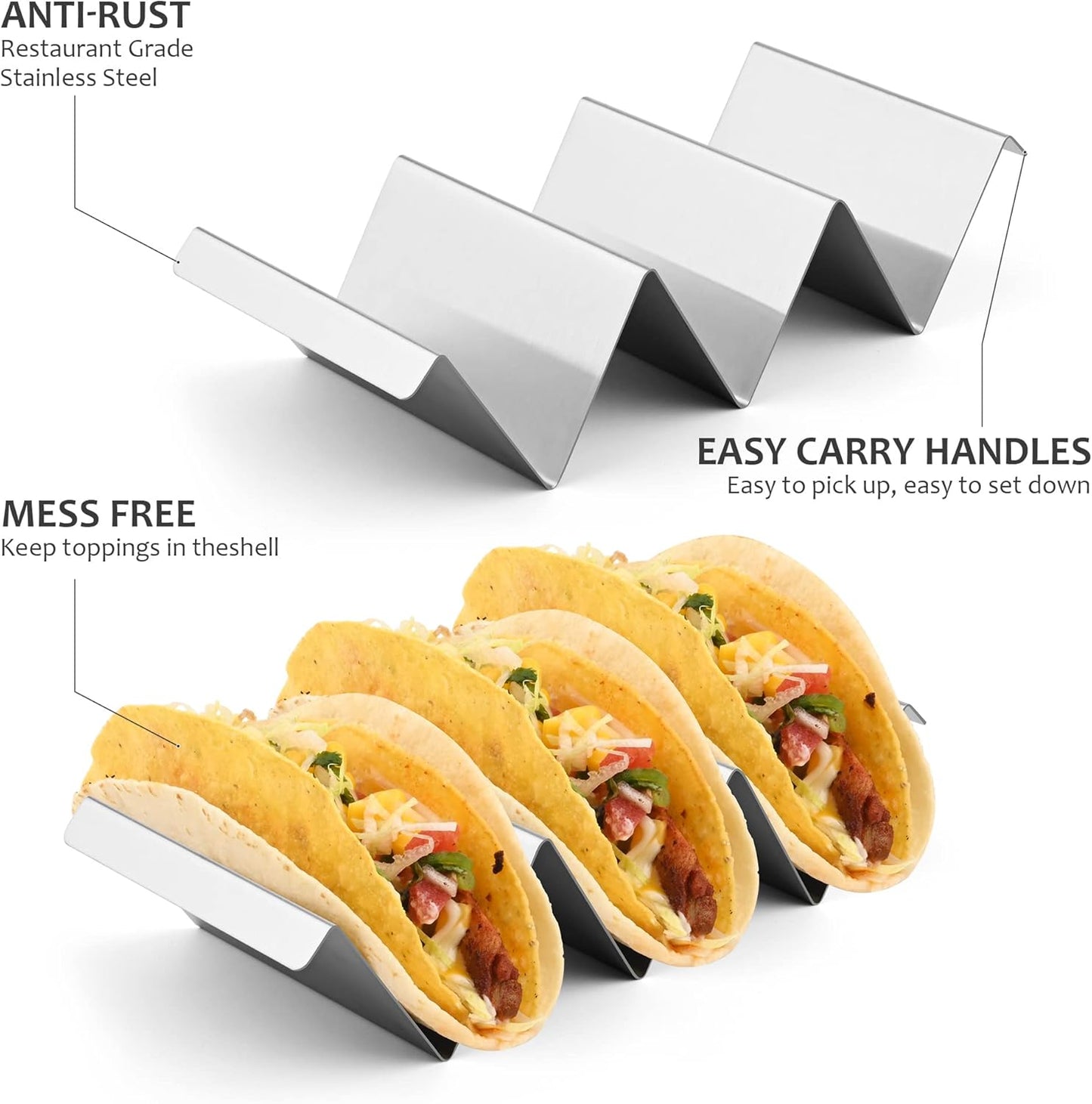 Smithcraft Stainless Steel Taco Holder Stand - Oven Grill Safe Metal Shell Racks With Handles, Fill Serve Tray Holds Up to 3 Tacos Each, Set of 6