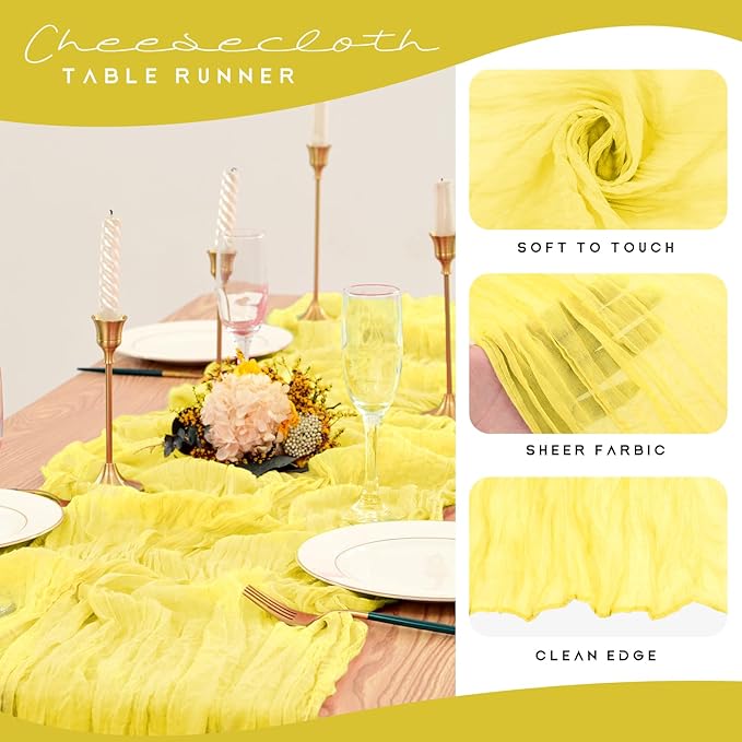 12 Pack Cheesecloth Table Runner 35 x 70 inch Long Boho Cheese Cloth Gauze Table Runners Semi Sheer Table Runner for Wedding Decor, Bridal Shower, Birthday Party (Yellow)