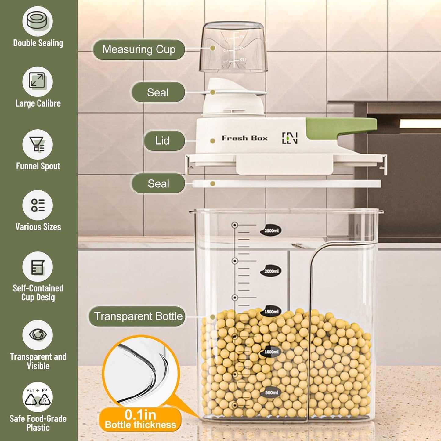 Cereal Storage Container 4Pack,44oz/1.3L Airtight Food Storage Containers With Lids,Organizers Storage With Measuring Cup for Beans,Sugar,Rice,Nuts,Snacks,Dog Cat Pet Food,Candy