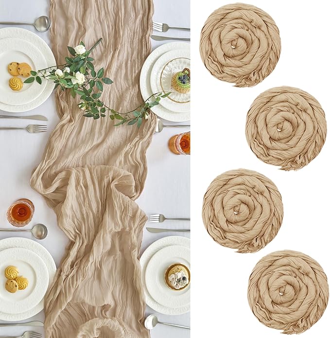 IVAPUPU 4 Pcs Cheesecloth Table Runner - 10ft Nude Boho Gauze Cheese Cloth Table Runners for Baby Shower Decoration Wedding Party Summer Garden Farmhouse