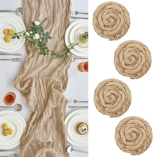IVAPUPU 4 Pcs Cheesecloth Table Runner - 10ft Nude Boho Gauze Cheese Cloth Table Runners for Baby Shower Decoration Wedding Party Summer Garden Farmhouse
