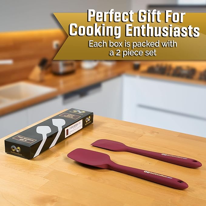 Premium 600F Heat Resistant Silicone Spatula 2 Set Sturdy Handle Created for Cooking, Baking and Mixing, One Piece Design, Non-Stick, Strong Stainless Steel Core (Red Dahlia)