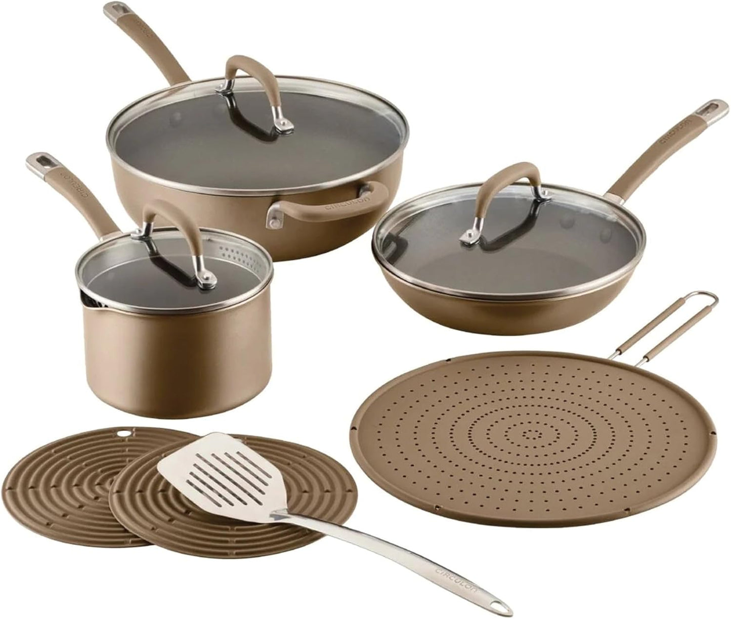 Circulon A1 Series with ScratchDefense Technology Nonstick Induction Pots and Pans, Metal Utensil Safe, Includes Splatter Guard, Slotted Turner and Silicone Trivets, 10 Piece Cookware Set - Champagne