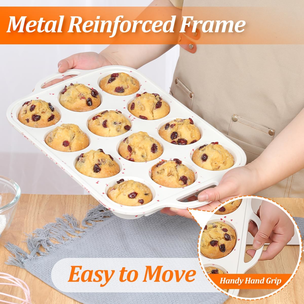 CAKETIME Silicone Muffin Pan, Metal Reinforced Frame Silicone Cupcake Pan Easy to Handle 12 Cups for Valentine's Day Baking Nonstick Regular Size Muffin Tin 1 Pack Love Heart