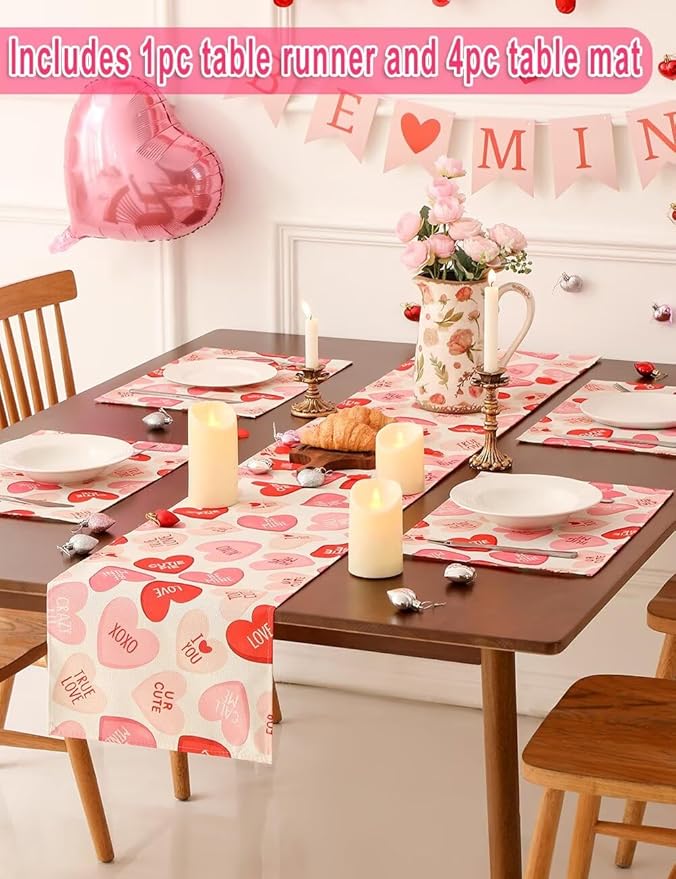 Pink Ture Love Heart Valentine's Day Table Runner 13"x72" & 4 Pcs 12"x18" Placemats Sets with 12 Heart Balloons, Love Letter Balloons, Stickers & Blowing Straw for Home Party Decor