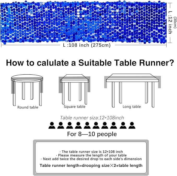 12 x 108 Inch Royal Blue Sequin Table Runner Glitter Rectangle Big Sequin Table Runner for Wedding Party Birthday Christmas Halloween Decoration (1 Pack)
