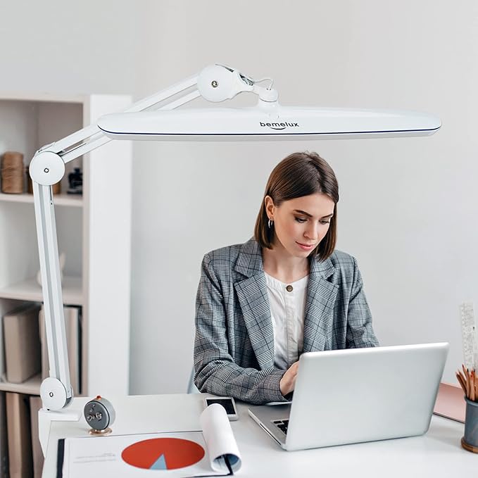 Task Lamp with Clamp, Bright 117PCS LEDs, Metal Swing Arm 24W 2200 Lumen Dimmable Led Desk Lamp for Architect Home Office Study Reading Dorm Workbench Craft, 23 Inch Working Lamp(White)