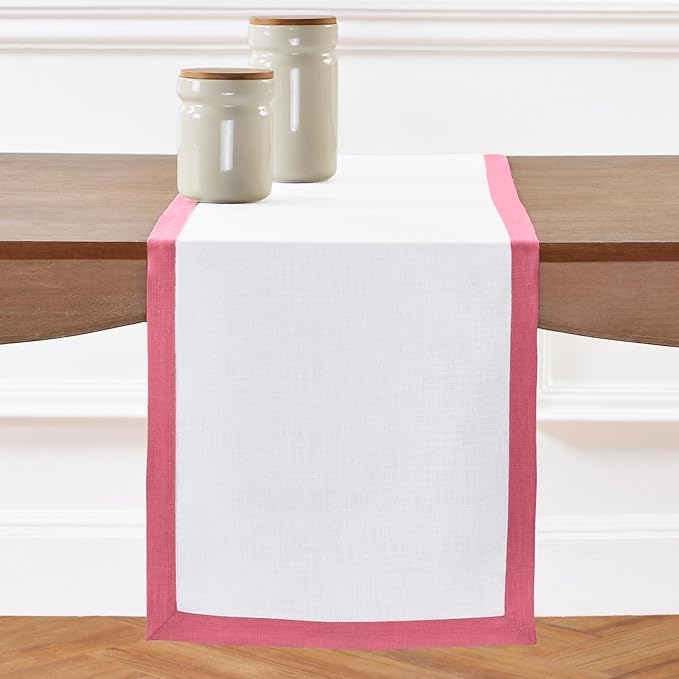 Solino Home Linen Table Runner 36 Inches - 100% Pure Linen Pink Carnation and White Short Table Runner 14 x 36 Inch Ideal for Dresser and Coffee Tables - New Year, Christmas - Classic