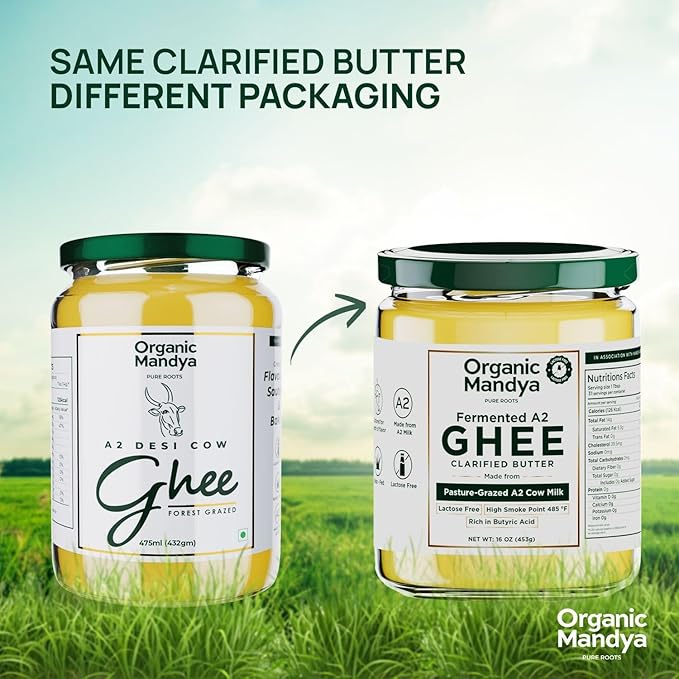 Organic Mandya Grass Fed Ghee A2 Butter, Pasture Raised, Lactose Free, Stress-Free Cattle, Ethically Sourced | Fermented A2 Ghee (16 oz / 475 ml)