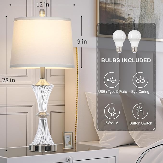 Crystal Glass Table Lamp with USB C+A Ports & AC Outlet,White Clear Modern Bedroom Lamp,Silver Lamp for Living Room,Nightstand Lamp LED Bulbs Included,Single Silver