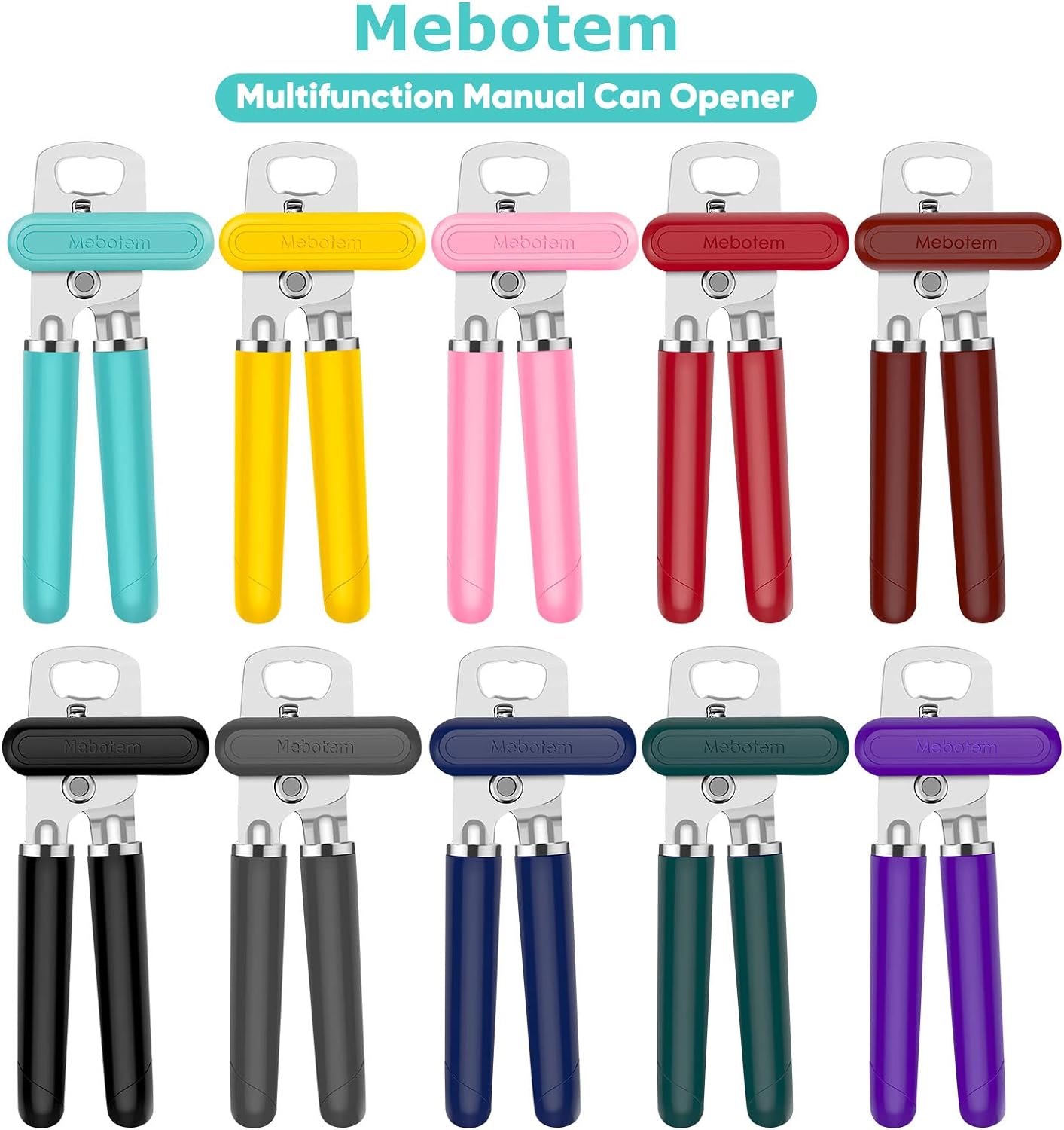 10 Colors Can Opener Manual Handheld Heavy Duty Hand Can Opener Smooth Edge Stainless Steel Can Openers Top Lid Kitchen Gadgets, Best Large Rated Easy Turn Knob, with Bottle Opener, Aqua Sky