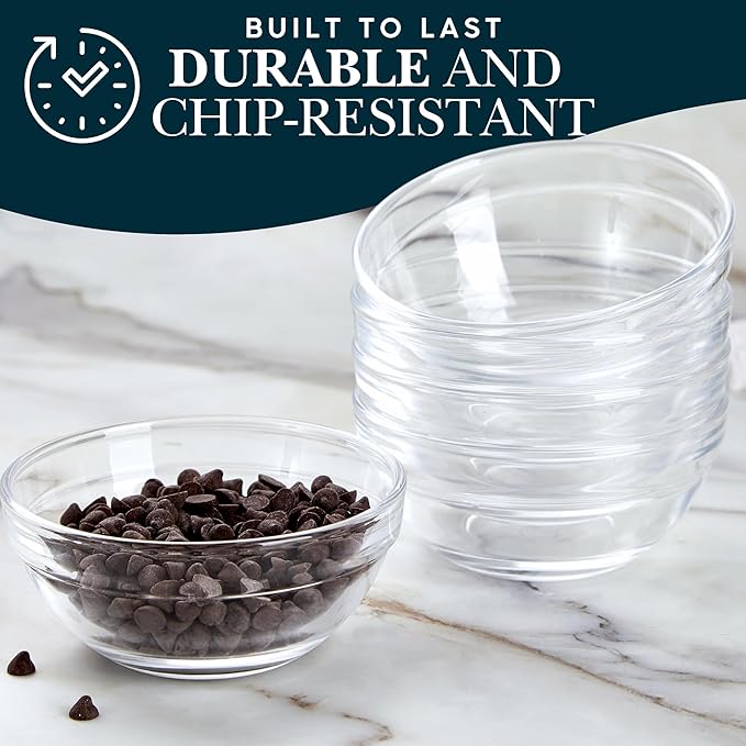Small Glass Cooking Bowls, 3.5 inches Diameter (9 cm), 4-ounce, Microwave and Dishwasher Safe - Stackable Glass Mise en Place Ramekins Set of 6