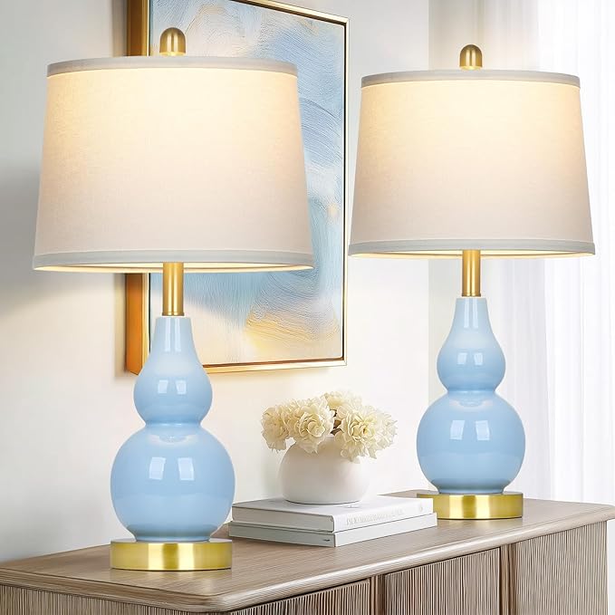 25" Modern Ceramic Table Lamps Set of 2, Blue Double Gourd Ceramic Lamps for Living Room, Coastal Farmhouse Rustic Bedside Nightstand Nautical Lamps for Bedrooms Home Office Dorm(2 LED Bulbs Included)