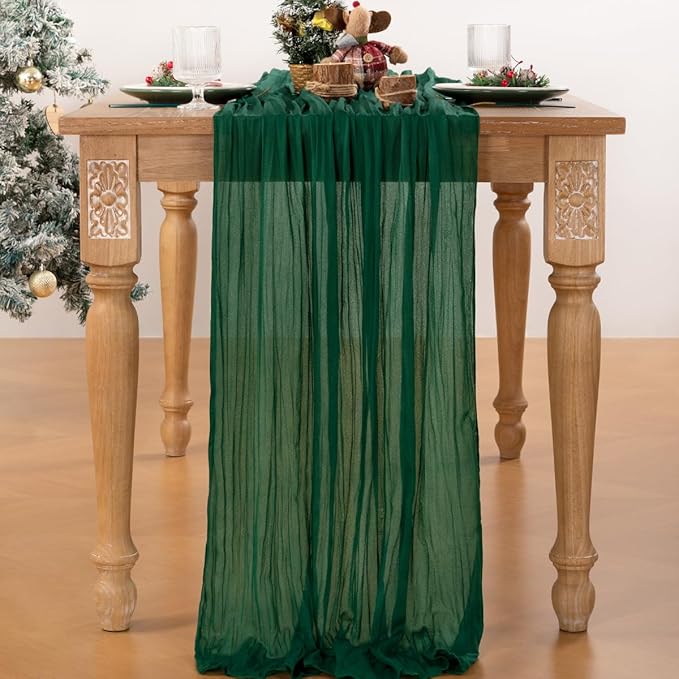 MLMC Emerald Green Table Runner Boho Dark Green Christmas Cheesecloth Table Runner 10ft Sheer Gauze Cheese Cloth Decorations for Wedding Bridal Shower Home Party Decor