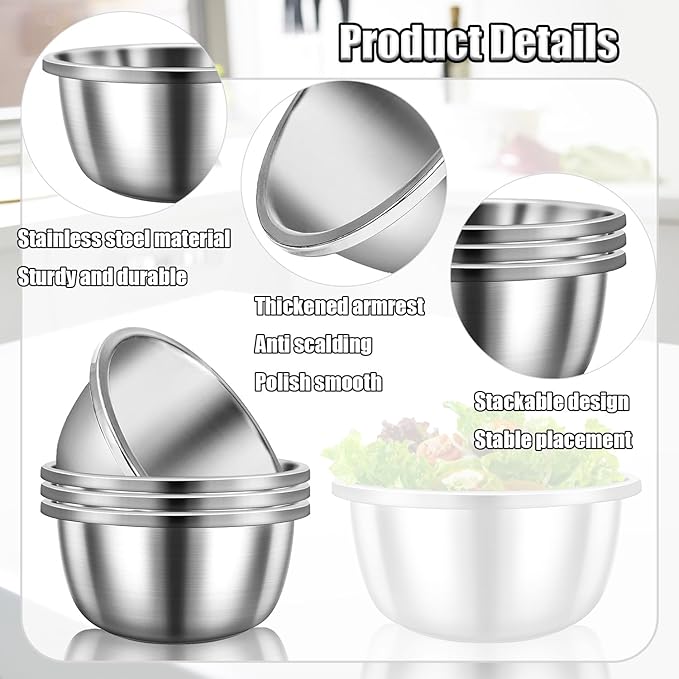 Mixing Bowls, 5 Pack Stainless Steel Mixing Bowls Kitchen Mixing Bowl Stainless Steel Bowls For Meal Prep, Serving, Baking, 7.9 Inch