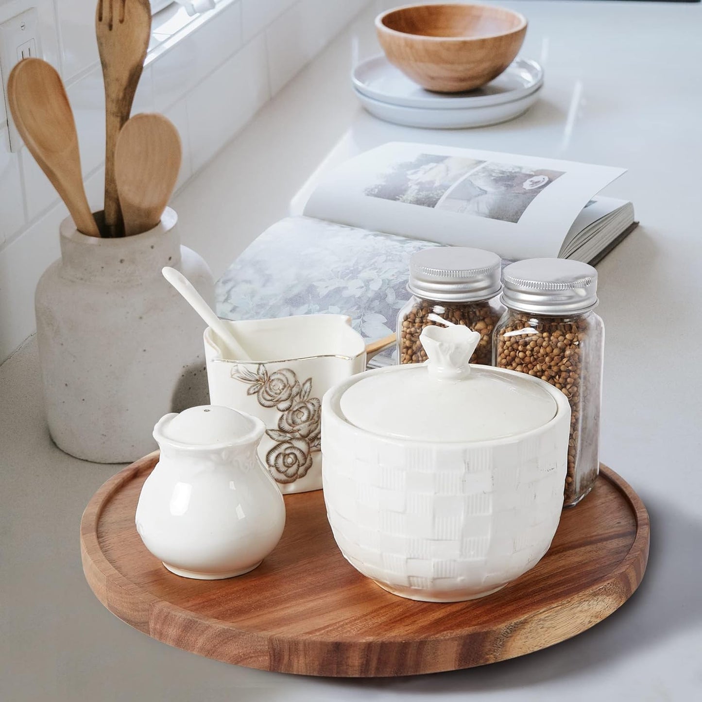 [ 2 Pack ] 12-inch Acacia Wood Lazy Susan Organizers, ACIAZAAZ Lazy Susan Turntable for Cabinet, Kitchen Turntable Storage for Table, Countertop, Pantry