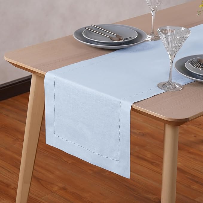 Home Ekaa Light Blue 100% Pure Linen Table Runner 36 inches – Hemstitch Coffee Table Runner 14 x 36 Inch Ideal for Dresser and Coffee Tables – Fall, Christmas, Winter, Holiday & New Year- Elara