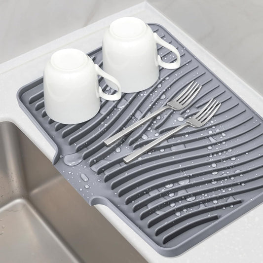 Silicone Dish Drying Mat for Kitchen Counter, Dish Drying Pad, Non-Slip Drain Pad with Built-in Drain, Heat Resistant Stone Drying Mat(15.8" x 13", Grey)