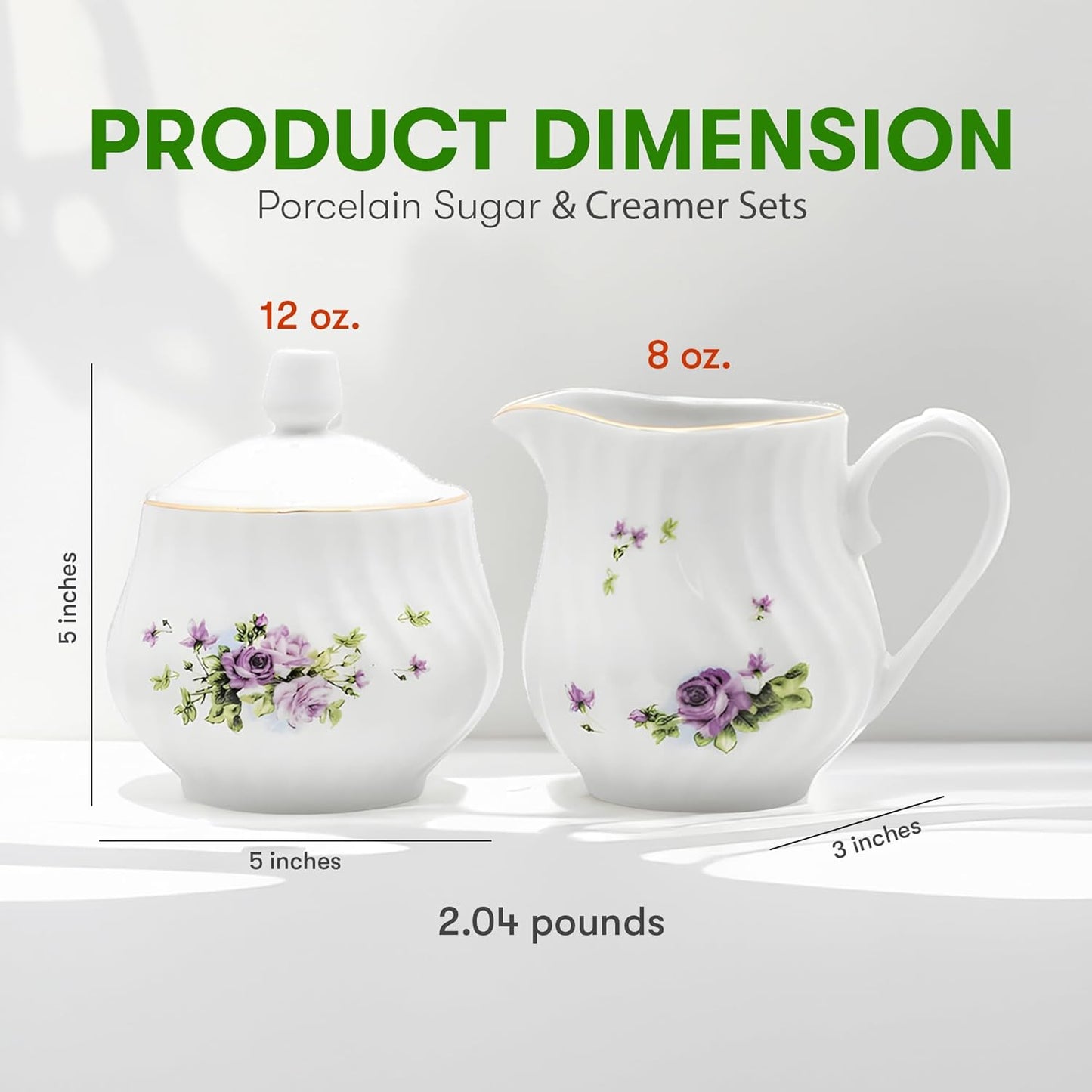 Sugar and Creamer Set - Porcelain Sugar and Creamer Floral Vintage Tea Set with Gold Trims & Embossed Swirls - Exquisite Fine China Tea Set for Parties & Celebrations - Lucinda Set by Lynns