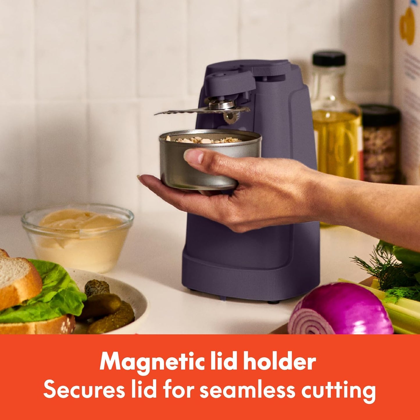bella Electric Can Opener and Knife Sharpener, Multifunctional Jar and Bottle Opener with Removable Cutting Lever and Cord Storage, Stainless Steel Blade, Plum