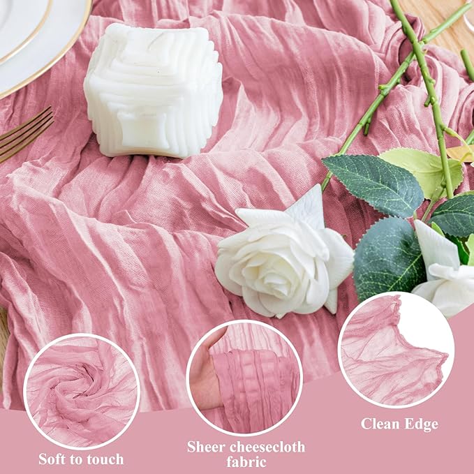 Wokceer Cheesecloth Table Runner 4Pack 10FT Pink Boho Gauze Cheese Cloth Table Runner for Party Long Rustic Sheer Table Runners for Baby Bridal Shower Wedding Easter Table Decor