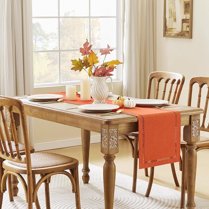Fall Table Runner Decorations, Burlap Style Farmhouse 13 x 48 Inch Orange Table Runner, Rustic Geometric Hollow Table Runners 48 Inches Long for Autumn Thanksgiving Decorations, 13x48 Inches, Orange