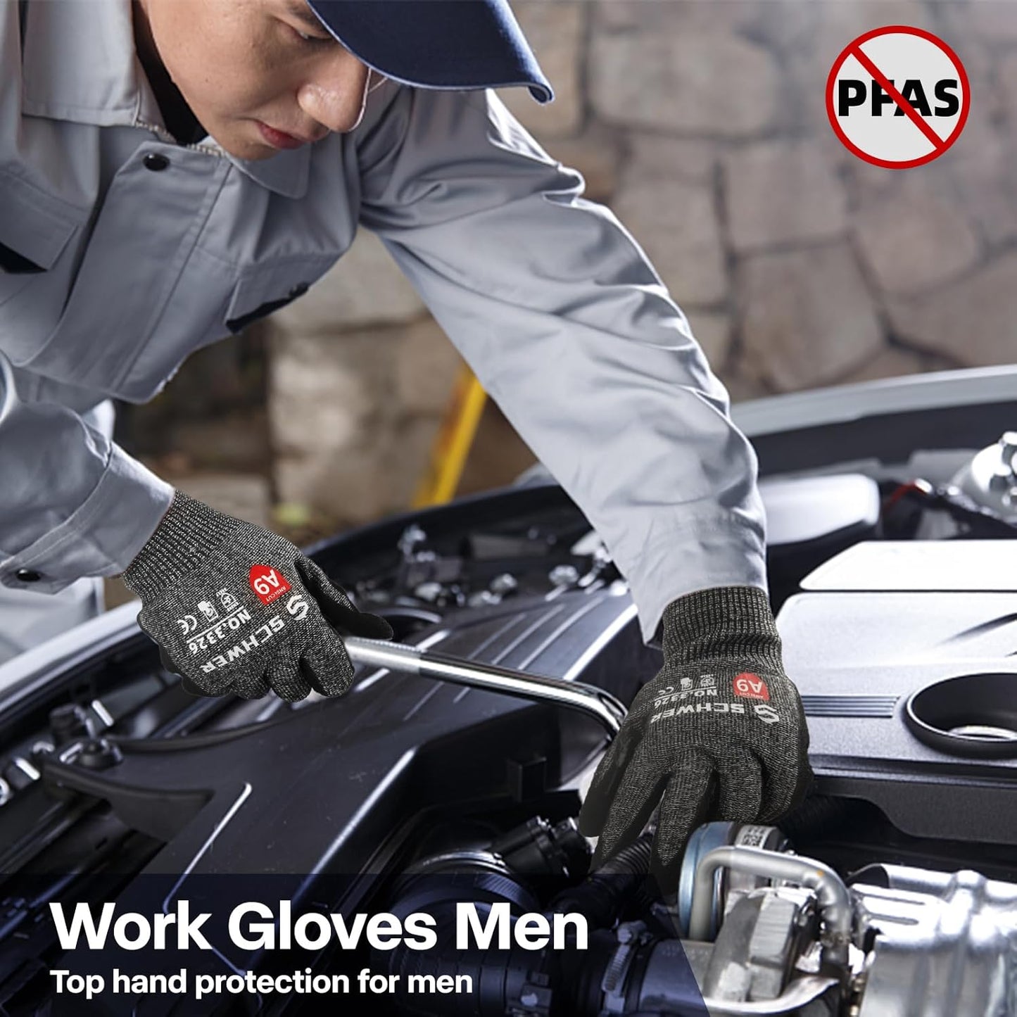 Schwer ProGuard Highest Level Cut Resistant Work Gloves PR3326 for Extreme Protection，ANSI A9 Cut Gloves with Reinforced Thumb, Non Slip, Breathable, Durable, Touch-screen, Non PFAS, Black 1 Pair（L）