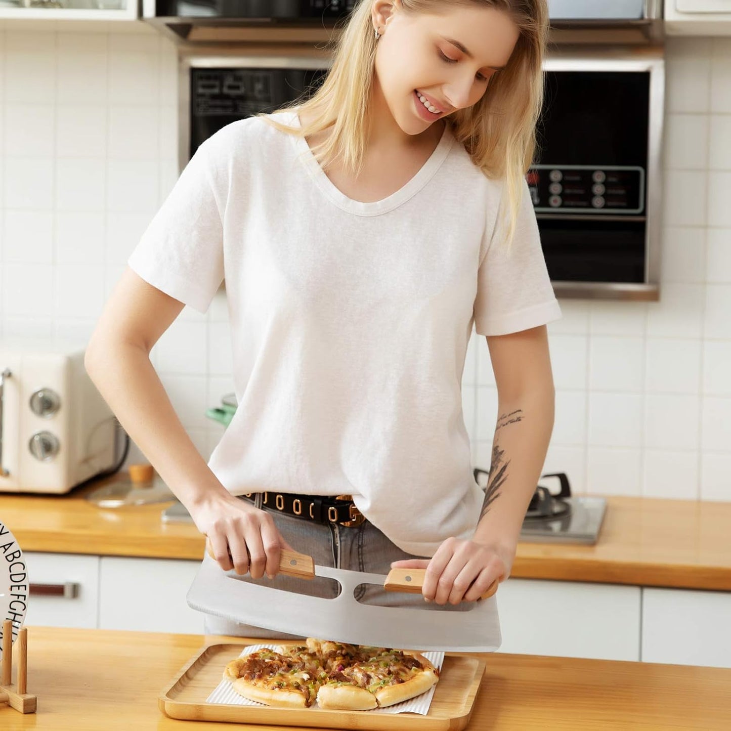 Pizza Cutter Rocker with Wooden Handles & Protective Cover by Zocy, 14" Sharp Stainless Steel Pizza Slicer Wheel, Big Pizza Knife Cutters for Kitchen Tool (14inch)