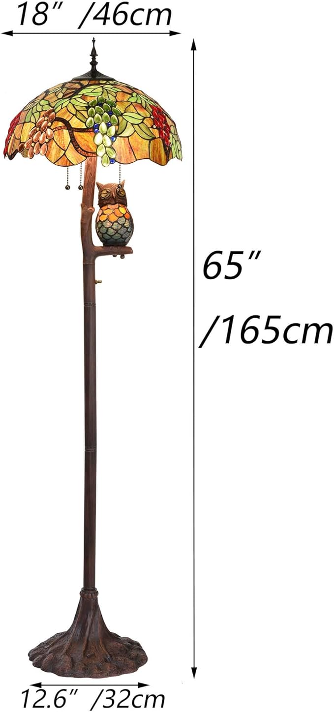 Bieye L10766 Grapes Tiffany Style Stained Glass Double-Lit Floor Lamp with Owl Night Light, 18" Wx65 H