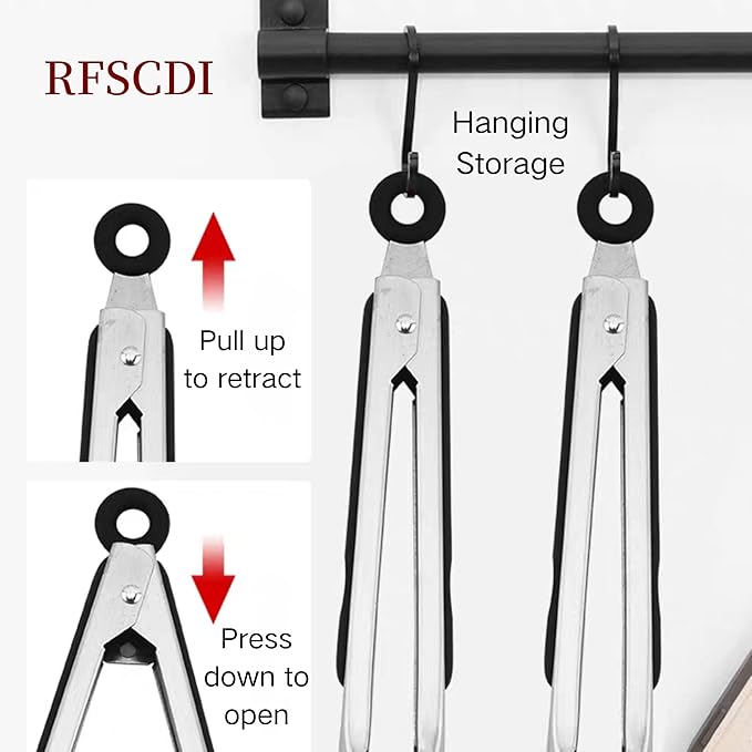 Stainless Steel Kitchen Tongs & Basting Brush Set – Heat Resistant Up to 600°F, Metal Locking Tongs for Cooking, Grilling, Baking & Barbeque (Silver, 9+12 inch)