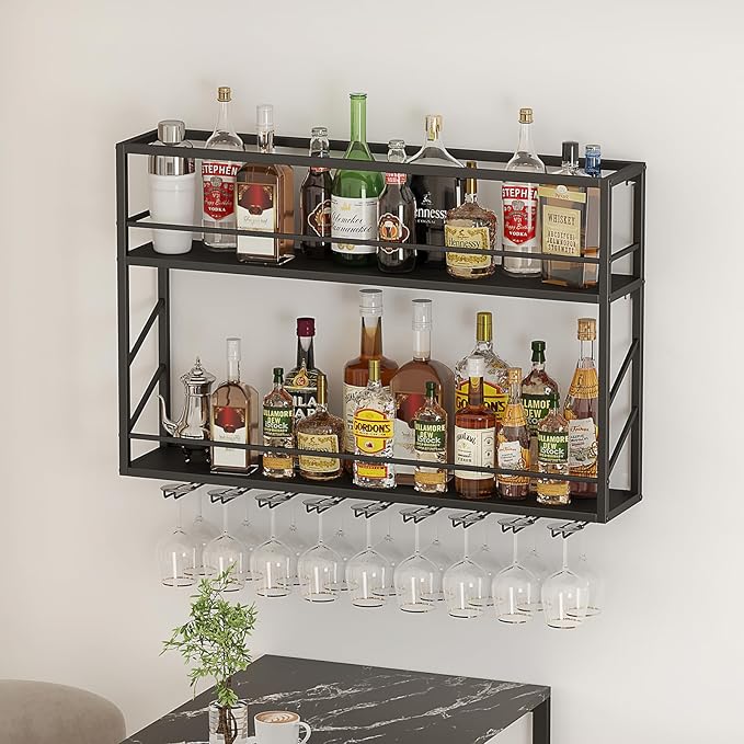 Wall Mounted Wine Rack, 2-Tier Wall Bar Shelves for Liquor Bottles, Metal Bottle Holder Wine for Wine Storage & Display for Home Bar & Dining Room (39.3×7.8×26in)