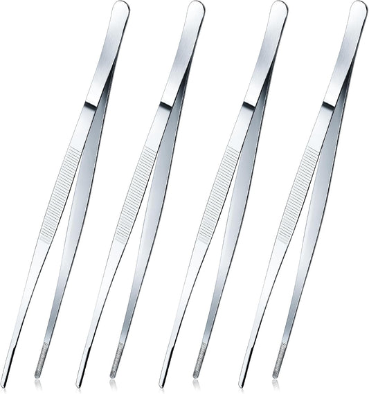Yaomiao 4 Packs 10 Inch Bar Tweezers Silver Long Garnish Tongs Stainless Steel Kitchen Cooking Tongs Tweezers for Food Cocktail Korean BBQ Bartender Chef, Multi-use